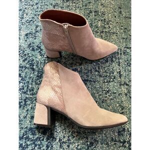 Hispanitas Beige Taupe Point Toe Suede Snake Embossed Side Zip Ankle Boots 7